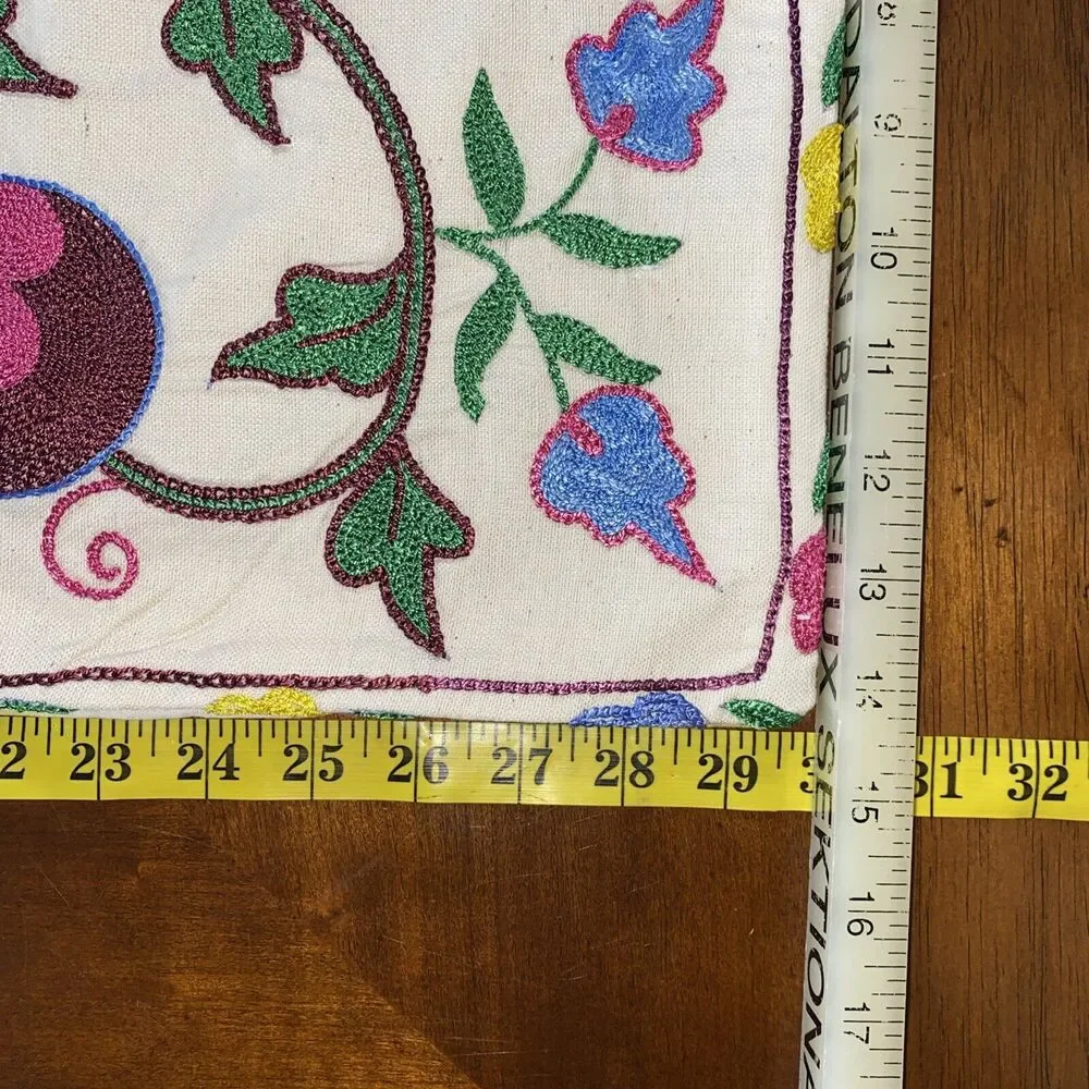 Handmade Embroidered Pillow Cover 3D Bright Floral Vine 14.5x 29.5” Boho Cottage